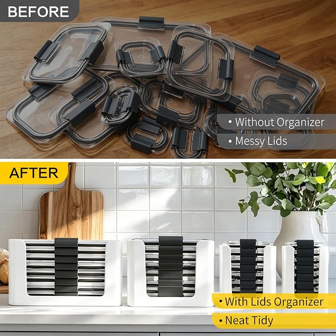 Food Storage Container Lids Organizer for Rubbermaid Brilliance Nap-On Lids | Stackable Food Storage Container Lid Organizer -- Fits 0.5, 1.3, 3.2, 4.7 & 9.6 Cups -- Holds 32 Lids (White,4-Piece Bundle) - Image 6