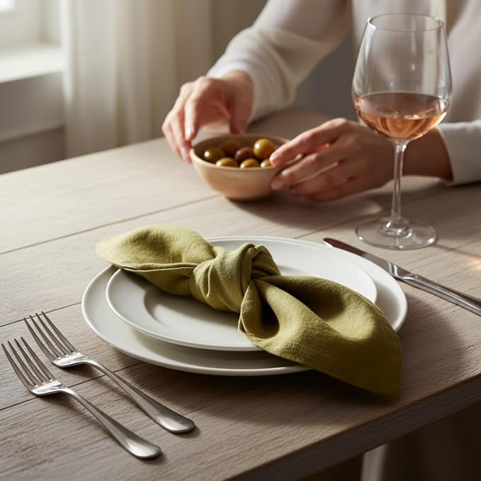 Linen Napkins –100% French Flax – Stonewashed Pure Linen Cloth Napkins - Size 18 Inch x 18 Inch – Set of 4 (Olive Green) - Image 3