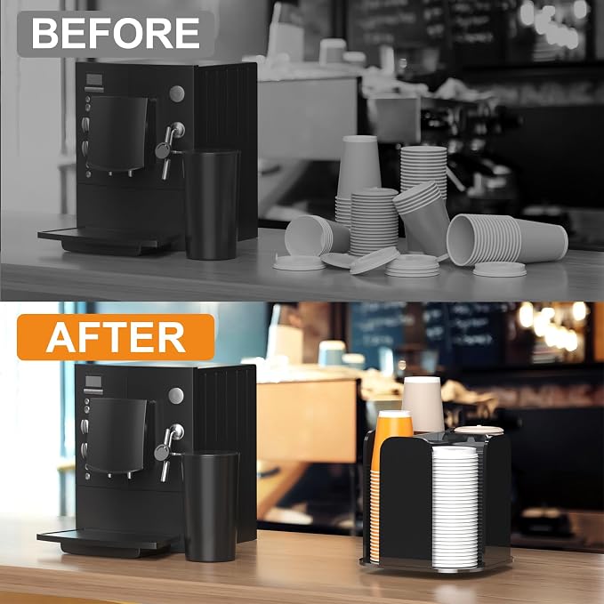 Beego Coffee Cup Holder Organizer - Rotatable 4 Compartments Black Acrylic Cup Dispenser Station With Lid Carousel - Countertop Plastic Cup Holder for Restaurant Breakroom Bar Accessories - Image 6