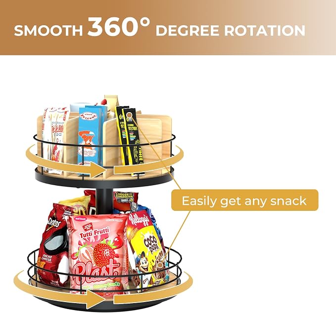 Snack Organizer - Versatile Snack Storage 2 Tier Lazy Susan with Convenient Grab-and-Go Design, Wood and Metal Snack Holder for Home, Office, Breakroom, 12.13" L x 12.13" W x 12.56" H - Image 2