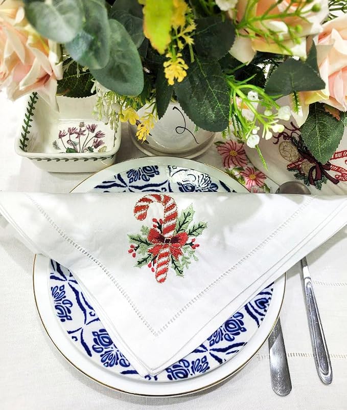 Embroidered Cloth Napkin Red Candy Cane and Holly Christmas Cotton Napkins Set of 6, 20x20 Hemstitch Table Napkins Machine Washable, Daily & Christmas, Great Present Ideas - Image 3