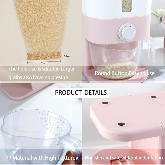Rubtlamp 22.5-25 Lbs Pink Rice Dispenser, Rice Storage Container, Pink Rice Storage Container with Measuring Cup, Rice Holder Bucket for Household Kitchen Rice Soybean Corn - Image 4