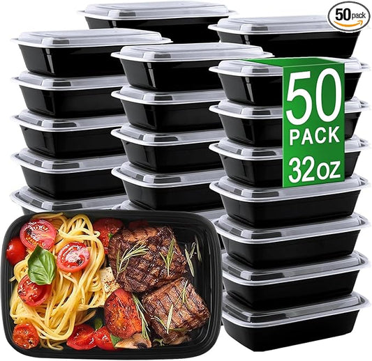 32oz Meal Prep Containers, 50 Pack Disposable Food Storage Boxes with Lids | Heavy Duty, Single Compartment, Leakproof Lids, BPA Free, Microwave Freezer Safe, Plastic To Go Bento Boxes for Lunch Takeout by Apsic
