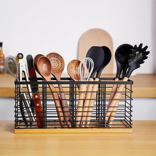 WDT Tool Large Utensil holder for Kitchen Counter- 15.7" x 4.2" x 6.9" Utensils Holder For Farmhouse Cooking, Utensil Caddy Spatula Holder (4 Compartments) by WDT+Tool