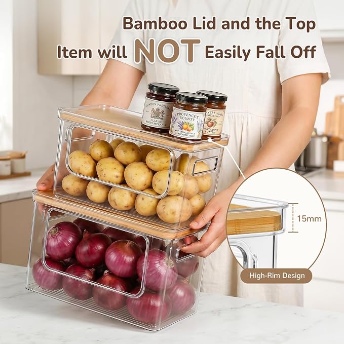 Hudgan Potato Onion and Garlic Storage Bin for Pantry Organizers, 3 Packs | Stackable, Straight Side, Bathroom Countertop Storage with Bamboo Lid, Pantry Box, Can Good Organizer, Kitchen Space Saver - Image 3