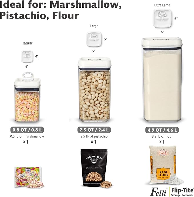 Felli Flip Tite Acrylic Food Storage Container with Lid 6” XL Air Tight Ring Seal Flip Lock, Plastic Kitchen Baking Canister for 5 lb Flour Sugar Rice Protein Powder Pantry Organizer (Nest-L) - Image 6