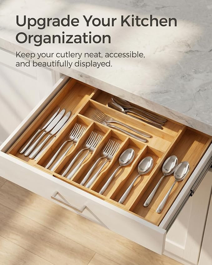 Expandable Bamboo Silverware Drawer Organizer – Adjustable 21" Wide Wooden Utensil Tray with 9-Compartments, Large Kitchen Flatware & Spoon Holder, Natural Solid Wood for Drawers - Image 6