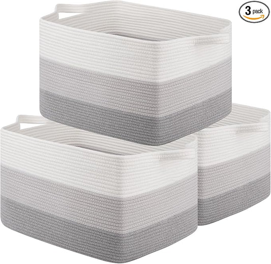 OIAHOMY Rectangle Woven Storage Basket - Nursery Cotton Rope Baskets for Storage, Toy Basket Organizing for Living Room, 17.7"x13.8"x11"- Pack of 3 - Gradient Gray by MasterofSpaceOptimization