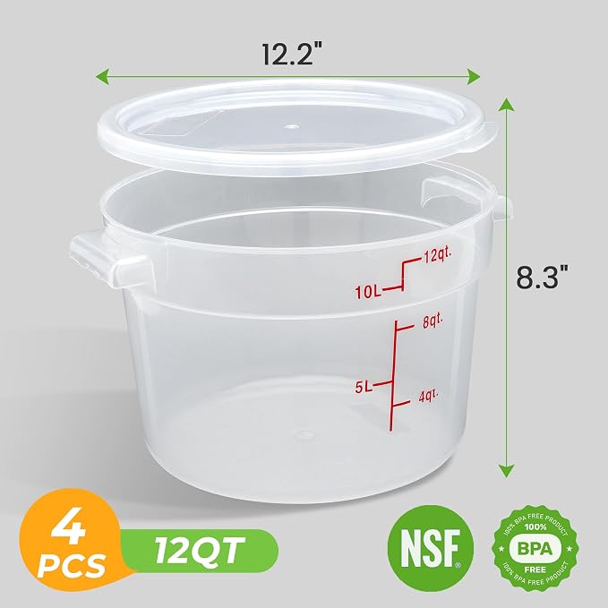 BIEAMA 4 Pack 12 Qt Round Food Storage Containers with Lids, Translucent PP | Include lids, labels, measuring cups and containers with capacity markings for food prep, pantry storage and dough proofing. - Image 2