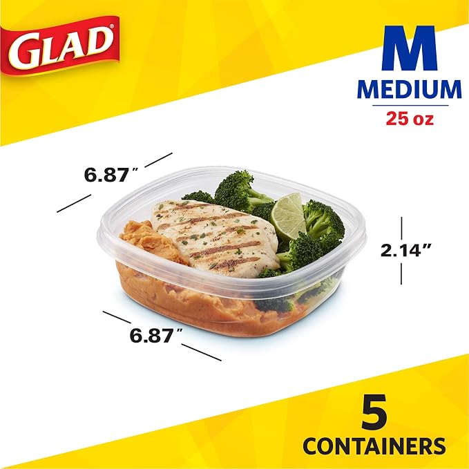 Glad GladWare Entree Food Storage Containers with Lids, Medium Square No BPA Plastic for Meal Prep and Lunches, Lock Tight Seal, Microwave and Dishwasher Safe, 25 Oz, 5 Count - 6 Pack - Image 2
