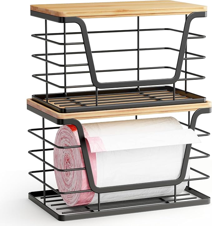 ALOCEO 2 Pack Stackable Wire Storage Basket with Bamboo Lid, Stainless Steel Extra Large Trash Bag Dispenser Roll Holder for Kitchen Sink, Kitchen Storage Bins for Potato and Onion, Black - Image 5