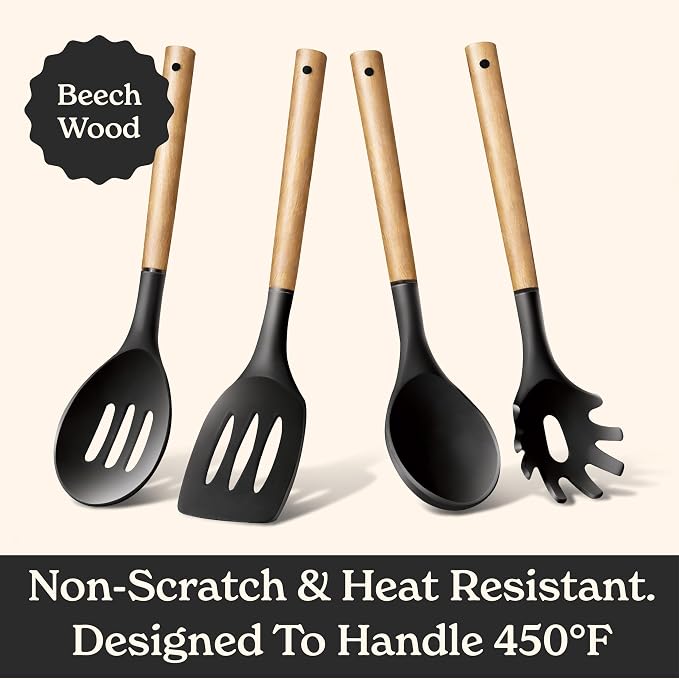 Country Kitchen Non Stick Silicone Utensil Set with Rounded Wood Handles for Cooking and Baking, 8 Piece Set, Black - Image 5
