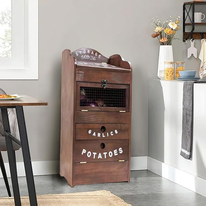 ARTAWEIN Pine Wood Veggie Bin for Potato, Onion and 1 Garlic Drawer Vegetable Box for Kitchen Storage, Solid Wood Vegetable Bin 13.77" L X 7.1" W X 29.3" H (Rustic Walnut) - Image 5