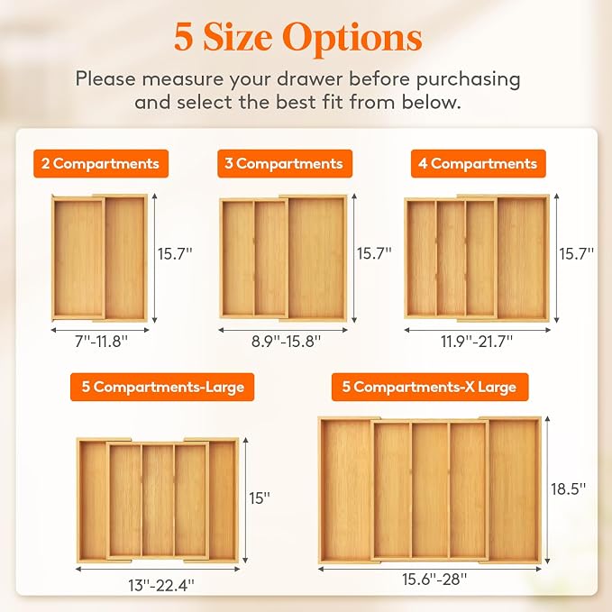 Lifewit Utensil Organizer for Kitchen Drawer, Expandable Cooking Utensil Tray, Cutlery Silverware Flatware Holder, Wood Adjustable Spatula Tools Storage Divider, 33 -56x38cm, Natural and Black - Image 2