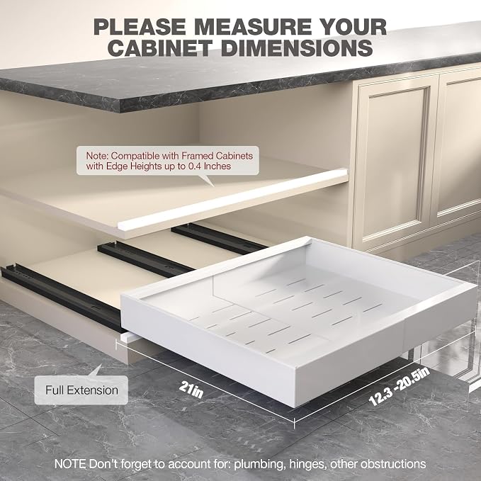 Seinloes 4 Pack Pull Out Cabinet Organizer 21" Deep,Full Extension 3 Slide Rails Slide Out Drawers With Raising Pad for Framed Cabinets,Expandable Width (12.3"-20.5"),No Drill Roll Out Shelves,White - Image 2