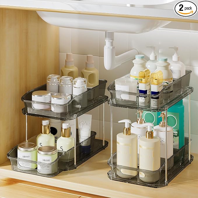 Delamu 2-Tier Under Sink Organizers and Storage, Multi-Purpose Stackable Bathroom Cabinet organizers, Pull Out Kitchen Pantry Organization and Storage with Dividers(2 Pack, Grey) by DELAMU