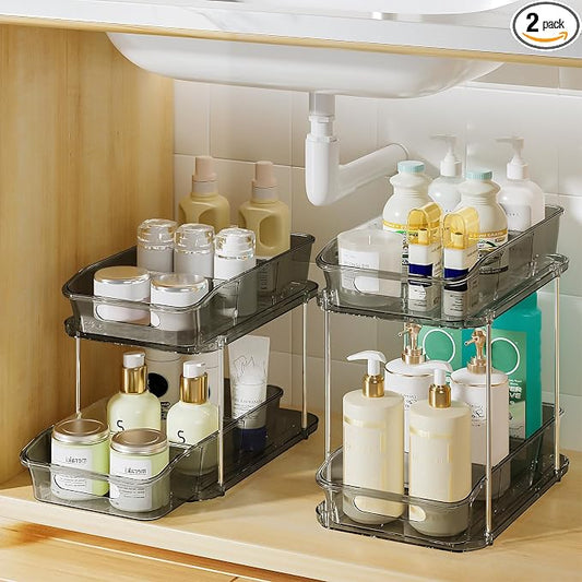 Delamu 2-Tier Under Sink Organizers and Storage, Multi-Purpose Stackable Bathroom Cabinet organizers, Pull Out Kitchen Pantry Organization and Storage with Dividers(2 Pack, Grey) by DELAMU