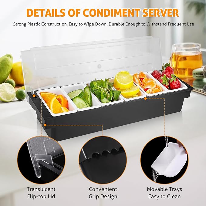 WICHEMI Ice Chilled Condiment Caddy with 6 Removable Trays and Lid, 2 Pack | Condiment Container, Taco Bar Serving Tray, Fruit & Garnish Trays Serving Platter for Salad, Party Supplies & Bar Accessories - Image 3