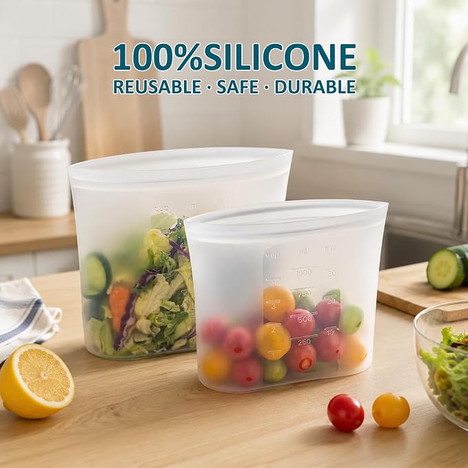 12-Pack Platinum Silicone Reusable Storage Bags, 100% Premium Silicone Stand-Up Wide-Open Zip-Lock Reusable Storage Bags for Food, Freezer Microwave Oven Dishwasher Safe, Crystal-Clear, 4M 4S 4XS - Image 2
