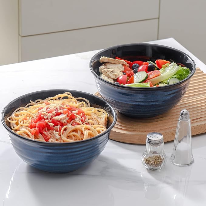 HASENSE Serving Bowls, 60 Ounces Ceramic Salad Pasta Soup Bowls, 8.5 inch Large Bowls for Kitchen Ramen Pho Fruit Cereal Popcorn, Microwave and Dishwasher Safe, Set of 2, Blue - Image 2