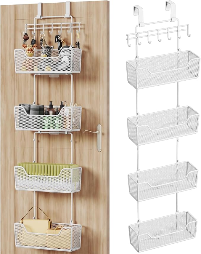 HapiRm Over Door Organizer Storage - Hanging Door Organizer with 4 Metal Large Capacity Baskets and Adjustable Coat Hook for Bathroom Bedroom Kitchen Pantry Closet Cabinet by HapiRm