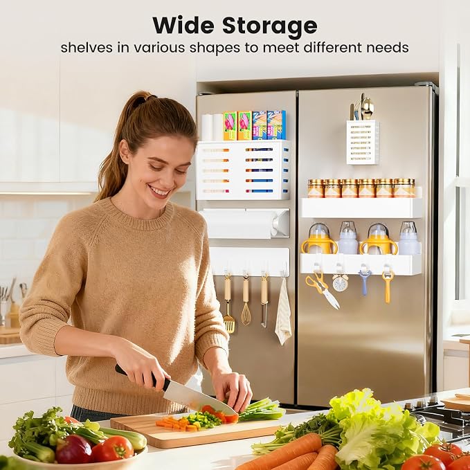 Magnetic Spice Rack for Refrigerator,6 Pack Magnetic Shelf,Fridge Magnet Organizer with Paper Towel Holder,Utensils Racks,Hook Rack,Deepened Basket,Fridge Organizers and Storage White(6 Pack) - Image 7