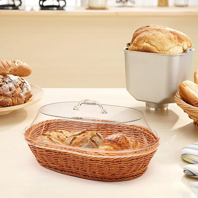 Rattan Bread Baskets, 2 Pack, Oval Woven Baskets with Acrylic Lids, 15.75 x 11.81 inches, Stainless Steel Tongs, Lace Doilies, for Bread, Fruit, Food Display - Image 6