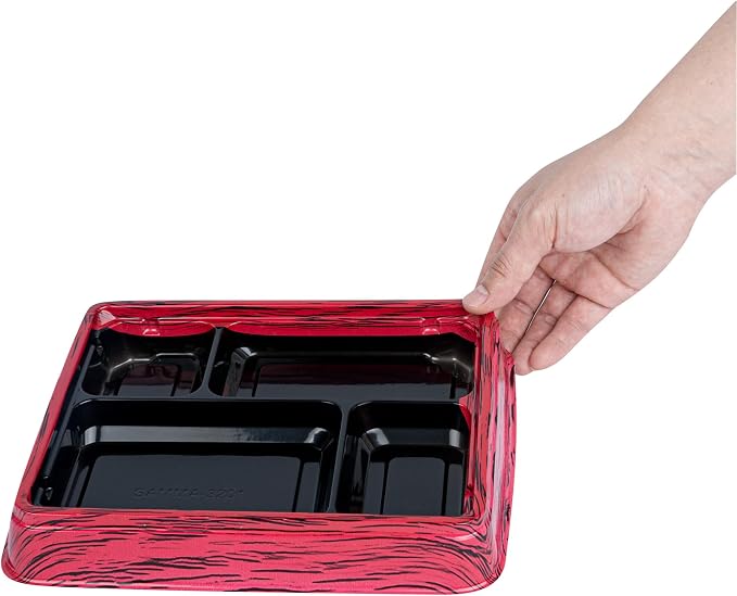 Restaurantware Bento Tek 15.2 Ounce Meal Prep Containers, 100 Disposable To Go Food Boxes - Lids Sold Separately, 4 Compartments, Red And Black Plastic Bento Lunch Boxes, Freezable, For Take Out - Image 10