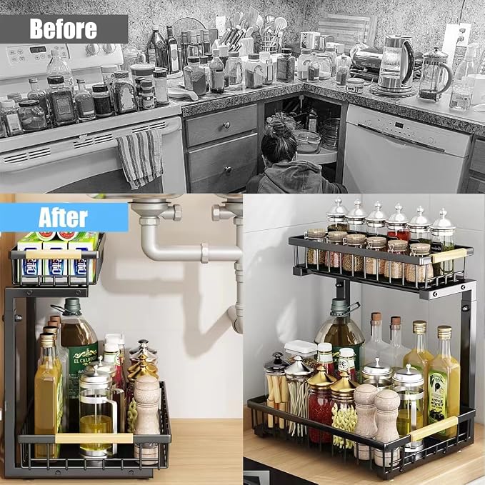 Under Sink Organizer and Storage: 2-Tier Adjustable Height Under Sink Bathroom Organizers Multi-Purpose Bathroom Cabinet Pull Out Drawers for Kitchen with Hooks (Black) - Image 4