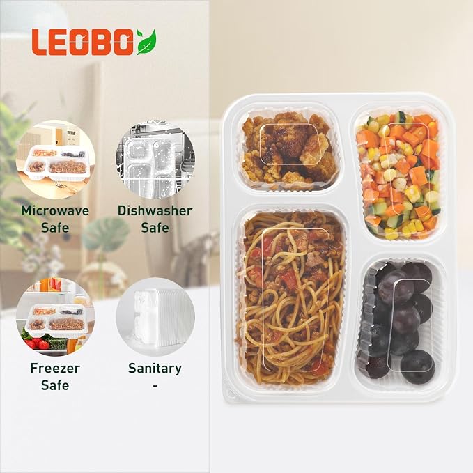 40 Pack 34oz 4-Compartment Bento Box - Shrink Wrapped No Pre-Wash | BPA Free Leak-Resistant Takeout Containers | Microwave Safe | Shatterproof Flexible PP To Go Box, Bulk Leftover Storage - Image 3