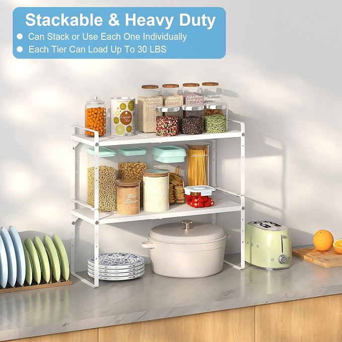 15.5 to 25.5 Inch Kitchen Cabinet Shelf Organizers, Adjustable Kitchen Counter Shelf Organizer, Set of 3 Expandable Countertop Storage Shelves, Stackable Design, 30LBS Heavy Duty, Space Saver - Image 5