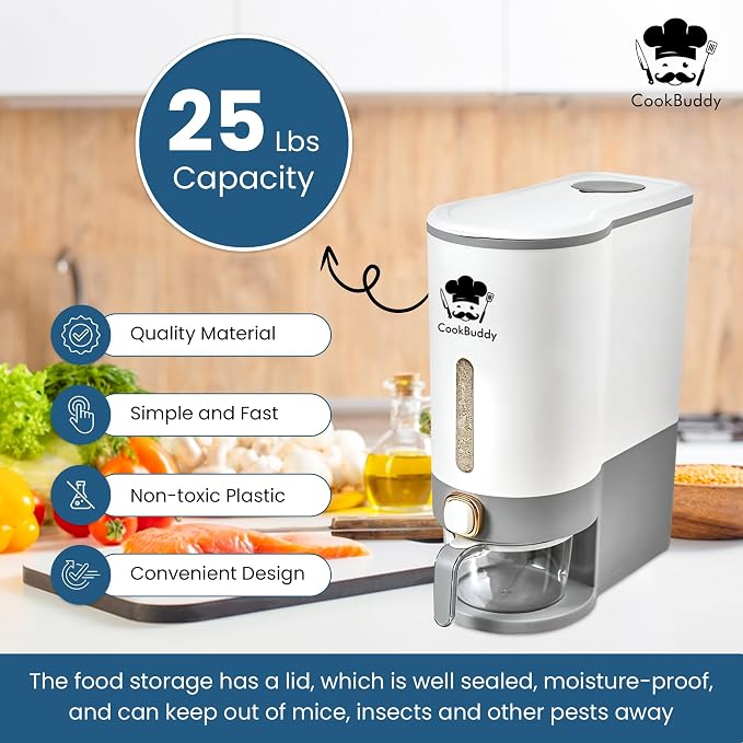 CookBuddy Rice Dispenser - 25 lb Airtight Rice Storage Container - Grain Dispenser - Image 2
