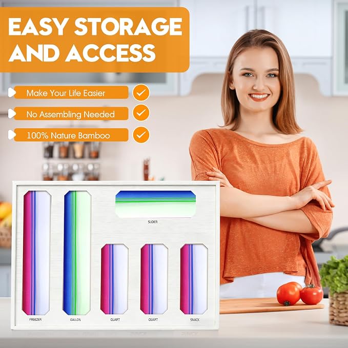 6 in 1 Bamboo Ziploc Bag Storage Organizer, White Baggie Organizer for Drawer with Sliding Lid - Fits Gallon, Quart, Sandwich, Snack & Freezer Bags, Wall Mountable Kitchen Drawer Organization - Image 7