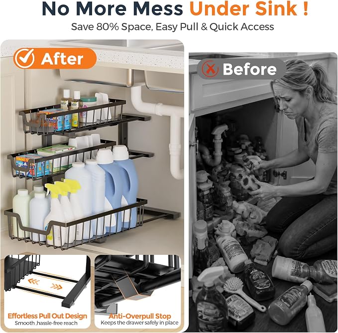 Under Sink Organizer, 2-Pack 3-Tier Height Adjustable Thickened Metal Pull out Cabinet Organizer Shelf, Slide out Storage Drawer Rack for Bathroom Kitchen Pantry Home Laundry Organization (Black) - Image 2
