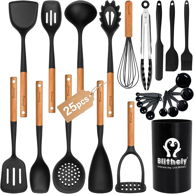 Large Silicone Kitchen Utensils Set with Holder, 25Pcs Cooking Utensil Set with Wooden Handle, Heat Resistant Spatula Sets for Cooking, BPA Free Silicone Utensils Set for Non-Stick Cookware(Black) by Blithely