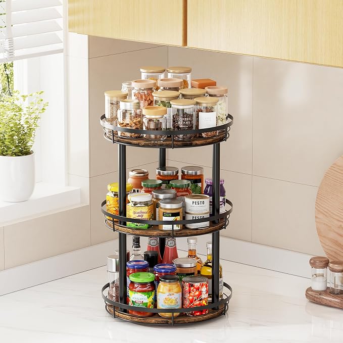 LAMU 12'' Wood Lazy Susan Spice Rack Organizer, 3 Tier Spice Organization for Cabinet, Countertop, Kitchen, Table Top, Pantry, Condiment and Seasoning Rack Organizer - Image 5