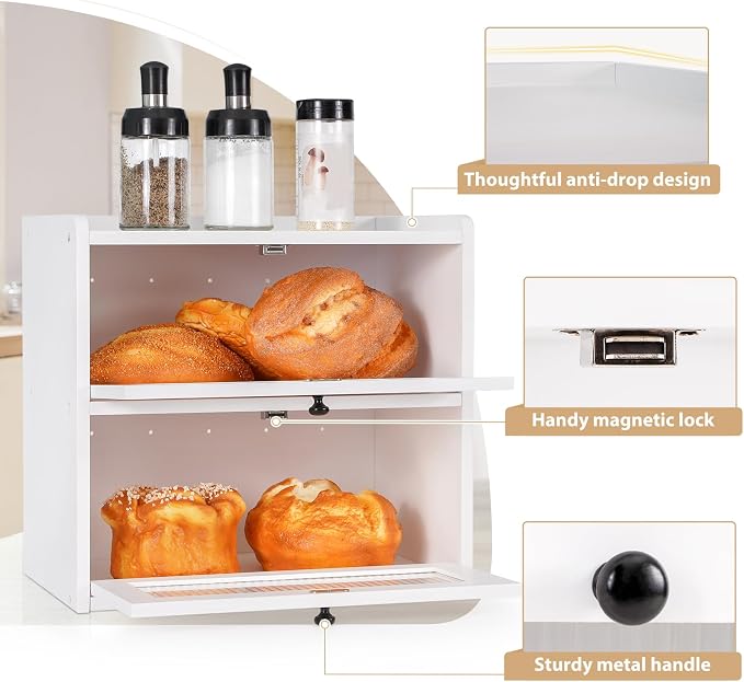 Sunhoo Bread Box for Kitchen Countertop Wooden Bread Storage Container Bin 2 Layer Breadbox Holder Large Capacity Keeper Vintage Farmhouse Food Organizer Pantry Shelf Acrylic Window (White) - Image 3