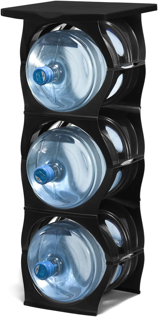 Stackable Water Bottle Storage Rack Best Water Jugs 5 Gallon Organizer. Jug Holder for Kitchen, Cabinet and Office Organizing. Reinforced Polypropylene (Black, 3 Plus Shelf) by Bariboo