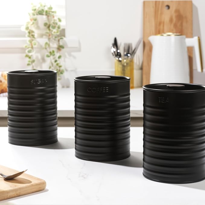 Russell Hobbs RH03268EU7 Ribbed 3-Piece Canister Set – Set of 3 Kitchen Storage Canisters for Tea, Coffee and Sugar, Durable Powder-Coated Steel, Pull Top Lids, Easy to Clean, Ribbed Design, Black - Image 2