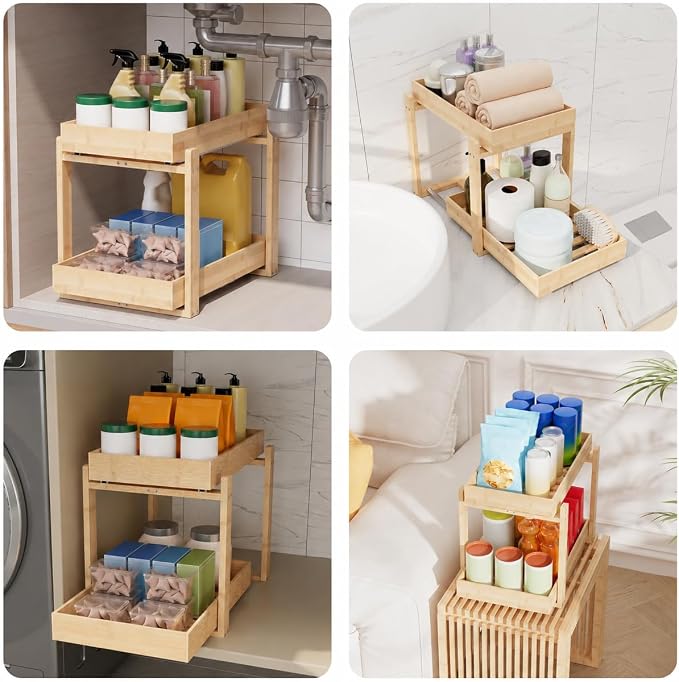 Bamboo Under Sink Organizer 2 Tier Pull Out Cabinet Storage Drawer - Image 5