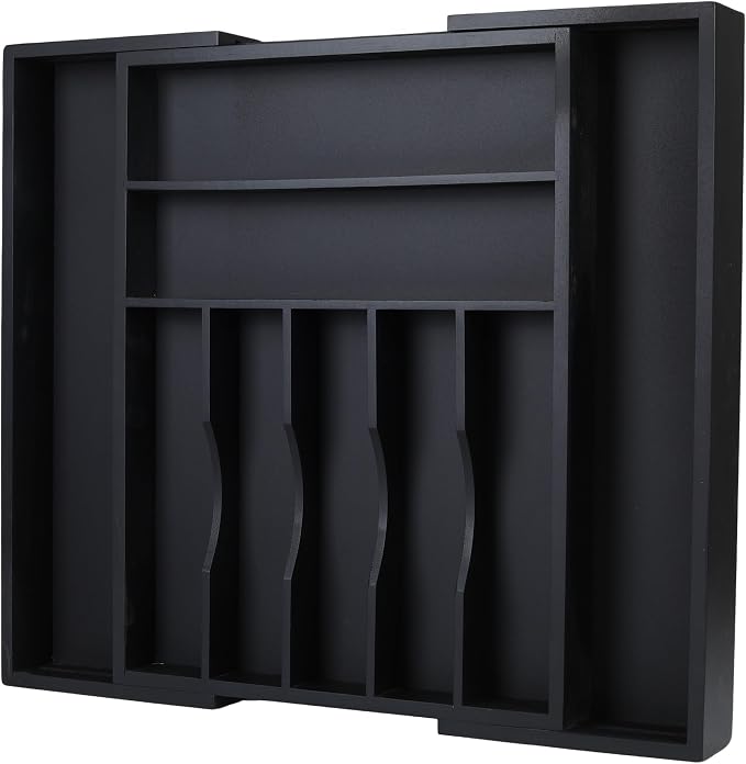 Bamboo Silverware Organizer, Expandable 9-Compartment Drawer Tray | 9 compartments, expandable 13.46-19.88 in width, bamboo construction, for flatware, utensils, and household items by Unknown
