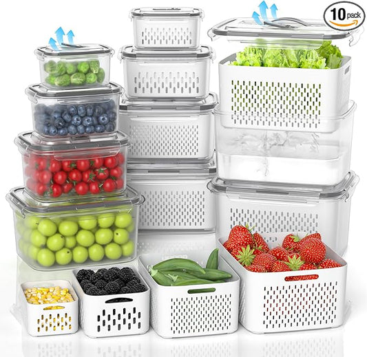 damynuo 10Pack Fruit Storage Containers for Fridge - Berry Containers with Vent and Handle Lids, Fruit Containers for Fridge with Colander, lettuce keeper for Refrigerator Organizers and Storage by PERFECTSOLUTIONFORORGANIZER