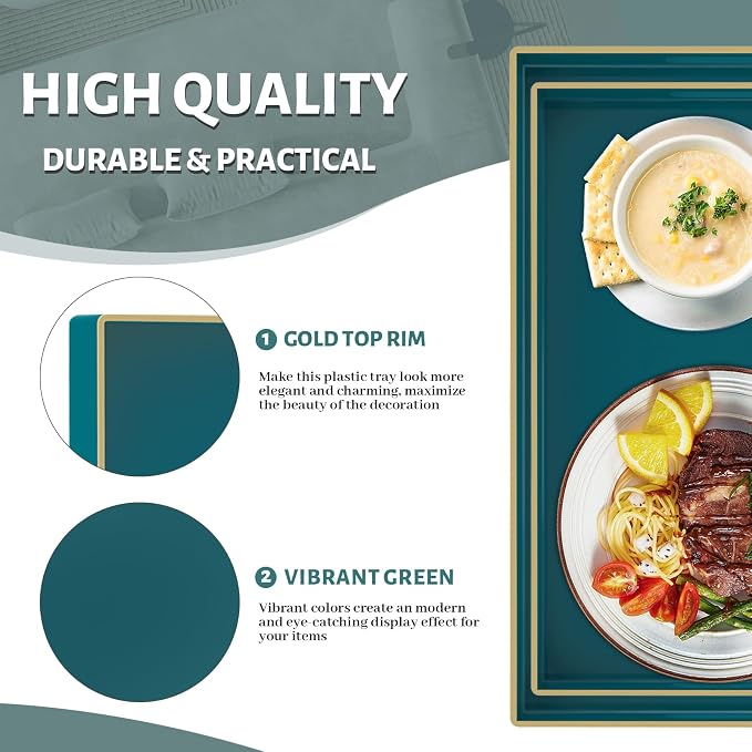 Green Serving Tray with Handles, Plastic Decorative Tray Set of 2 | Decorative Tray for Coffee Table, Modern Ottoman Tray, Rectangle Melamine Tray for Living Room, 15.8"L x 10.2"W x 1.4"H - Image 3