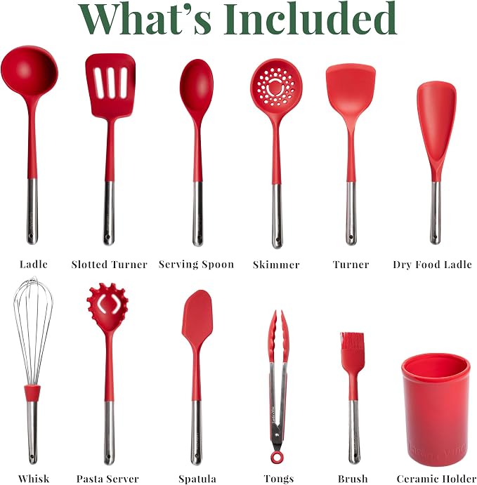 Larder & Vine 12-Piece Silicone Kitchen Cooking Utensils Set with Stainless Steel Handle and Ceramic Holder, Dishwasher Safe Set of Kitchen Essentials (Cabernet) - Image 3