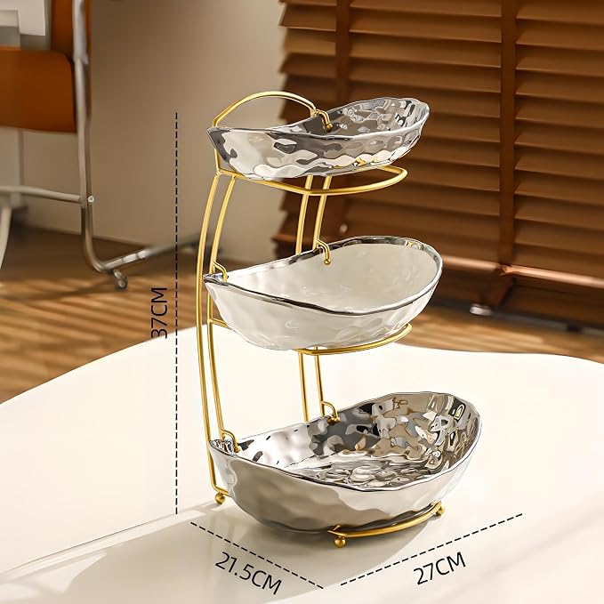 XUDREZ 2 Tier/ 3 Tier Fruit Bowl with Metal Stand for Kitchen Counter, Ceramic Gold Silver, Portable Tiered Fruit Basket Fruit Rack for Nuts, Snacks, Bread, Candy Storage (Silver, 3 Tier) - Image 2