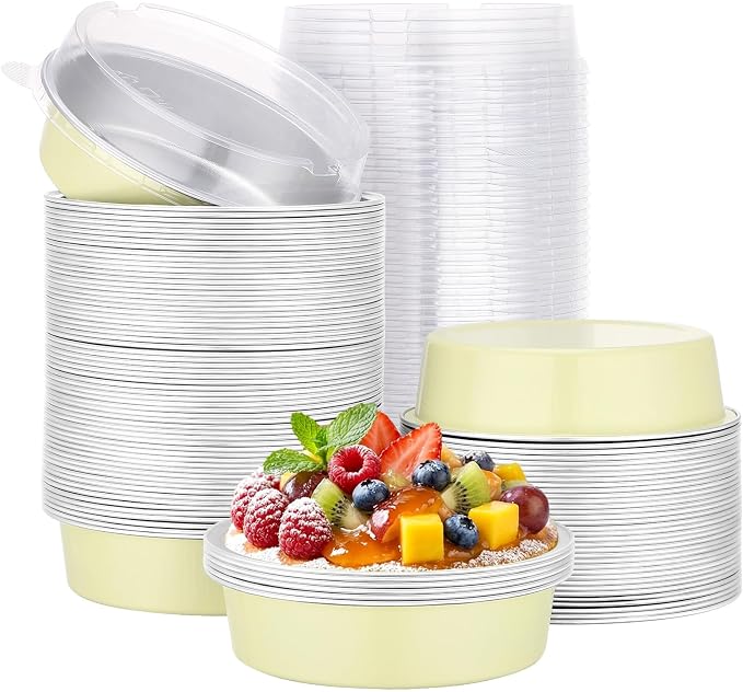 Beasea 100 Pack 4" Mini Pans with Lids, 7.3oz Disposable Aluminum Baking Foil Tins Round Small Tart Pie Container for Individual Cupcake Dessert Muffin Cheesecake Quiche Oven Dishes - Sage Green by Beasea