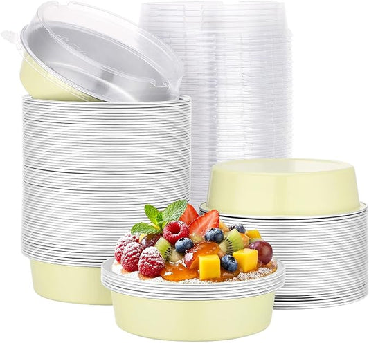 Beasea 100 Pack 4" Mini Pans with Lids, 7.3oz Disposable Aluminum Baking Foil Tins Round Small Tart Pie Container for Individual Cupcake Dessert Muffin Cheesecake Quiche Oven Dishes - Sage Green by Beasea