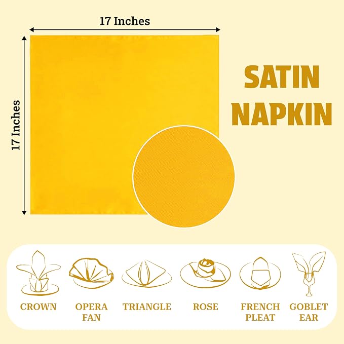 MDS® Pack of 25 Satin Napkins 12 x 12 Inch, Soft Silky Reusable Cloth Dinner Table Napkins for Wedding Décor, Reception, Birthday, Parties, Banquets, Catering, Restaurants & Hotel - Yellow Gold - Image 4