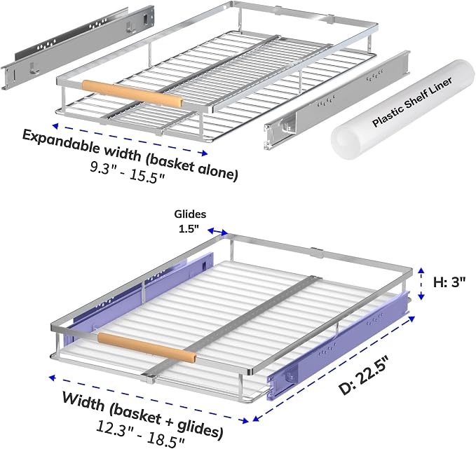 Pull Out Drawer Cabinet Organizer, Expandable Slide Out Storage Shelves - Heavy Duty, Durable and Smooth Slide-Out, 12.3"~18.3" Wide x 22.5" Deep, 2 Pack - Image 2
