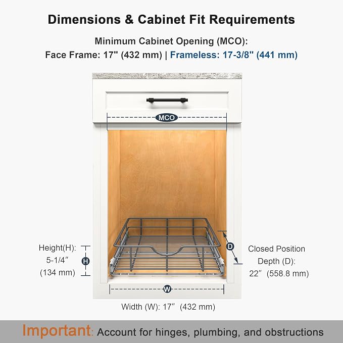 Pull Out Shelves - 17" W x 22" D Soft Close Pull Out Cabinet Organizer 1 Tier - Sliding Shelves with Shelf Liner - Heavy Duty Steel Wire Drawers for Kitchen Cabinets, Pantry, Bathroom - Image 2
